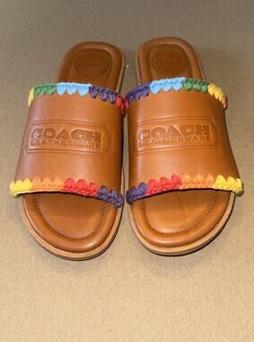 COACH Pride Leather Crochet-Trimmed Slides Size 10